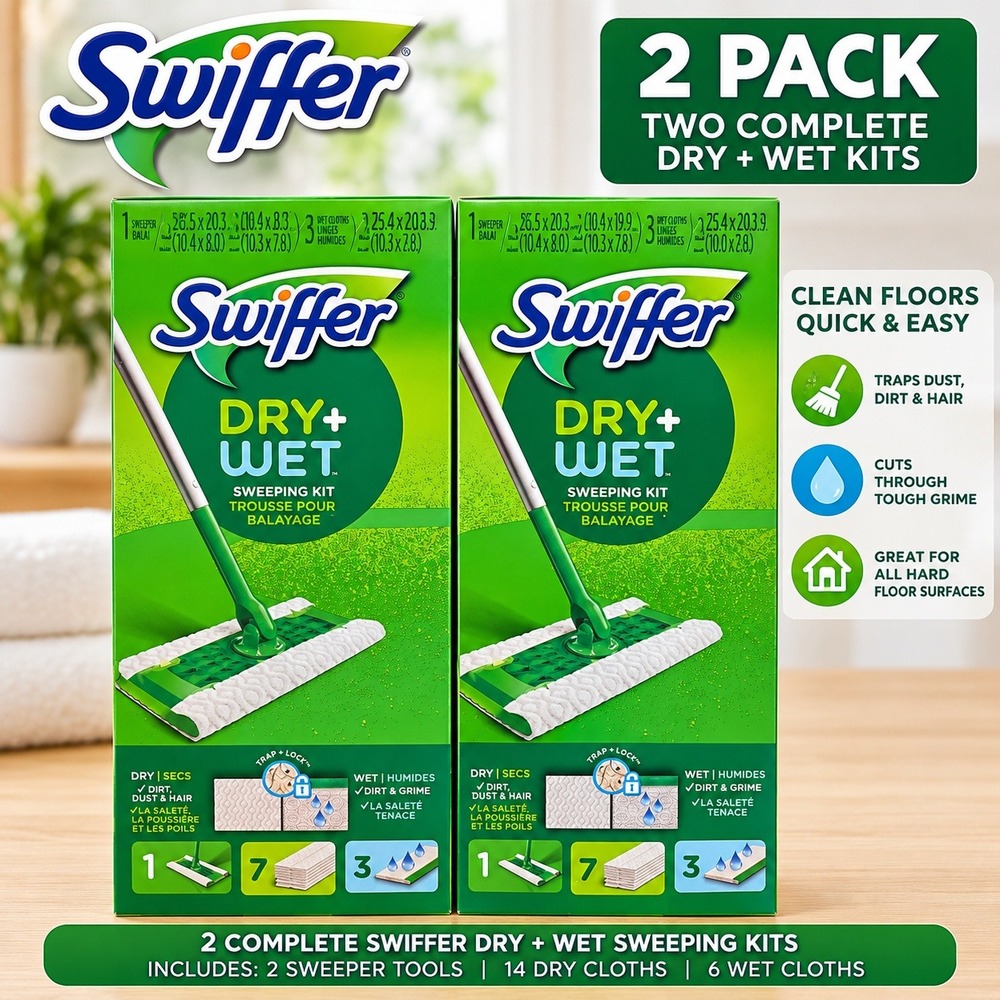Swiffer Dry + Wet Sweeping Kit 2 Pack 2 Sweepers 14 Dry 6 Wet Cloths NEW